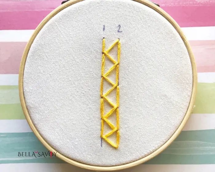 5 Easy Feather Stitch Variations 50 complete yellow closed feather stitch on hooped fabric
