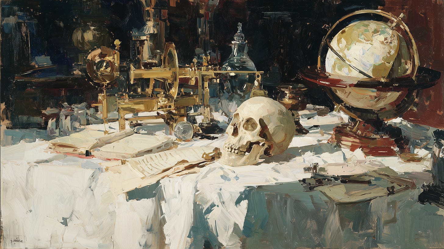 A loose, painterly oil still-life in the vanitas tradition: a brass armillary sphere and astronomical instruments, a glass decanter, scattered ledgers, and a celestial globe crowded on white drapery in deep shadow, with a human skull at the center catching the light — a memento mori set among the apparatus of measurement. A loose, painterly oil still-life in the vanitas tradition: a brass armillary sphere and astronomical instruments, a glass decanter, scattered ledgers, and a celestial globe crowded on white drapery in deep shadow, with a human skull at the center catching the light — a memento mori set among the apparatus of measurement.