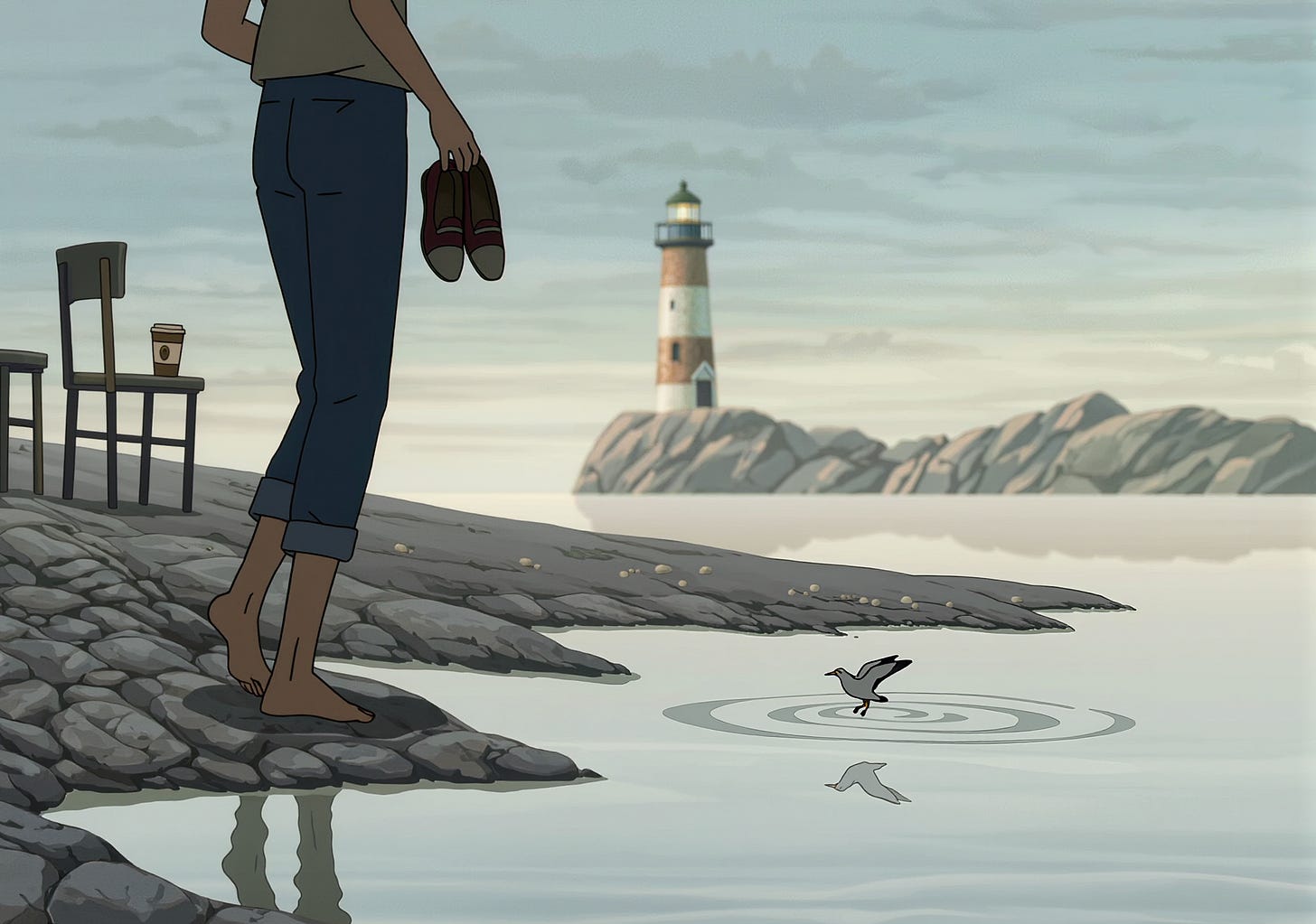 Woman at seaside café in Collioure, France, looking out at ocean and lighthouse at sunrise — travel writing scene.