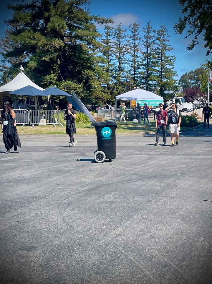 A gallery of images showing a roboticized garbage bin on wheels, the ClusterDuck protocol booth, and a series of Duck units mailed to me by the wonderful team at Owl Technologies, and the redwoods in Muir Woods.