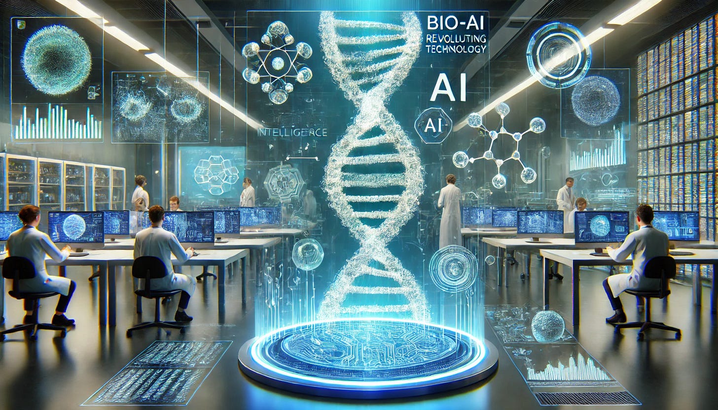 A futuristic digital illustration of Bio-AI technology revolutionizing industries. The image showcases advanced biotechnology integrated with artificial intelligence, featuring a glowing DNA helix intertwined with neural networks and AI circuitry. A sleek, high-tech lab environment in the background with scientists analyzing data on holographic displays. The scene has a cutting-edge, blue and green color scheme, emphasizing innovation and a multi-billion-dollar industry.