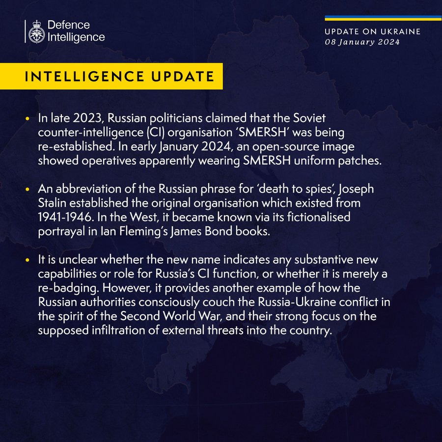 In late 2023, Russian politicians claimed that the Soviet counter-intelligence (CI) organisation ‘SMERSH’ was being re-established. In early January 2024, an open-source image showed operatives apparently wearing SMERSH uniform patches.

An abbreviation of the Russian phrase for ‘death to spies’, Joseph Stalin established the original organisation which existed from 1941-1946. In the West, it became known via its fictionalised portrayal in Ian Fleming’s James Bond books.

It is unclear whether the new name indicates any substantive new capabilities or role for Russia’s CI function, or whether it is merely a re-badging. However, it provides another example of how the Russian authorities consciously couch the Russia-Ukraine conflict in the spirit of the Second World War, and their strong focus on the supposed infiltration of external threats into the country.