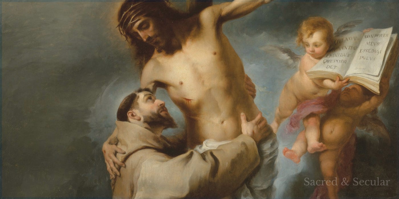 Saint Francis, dressed in a brown habit, pushes a globe away with his foot as he embraces Christ on the cross. Saint Francis, dressed in a brown habit, pushes a globe away with his foot as he embraces Christ on the cross.