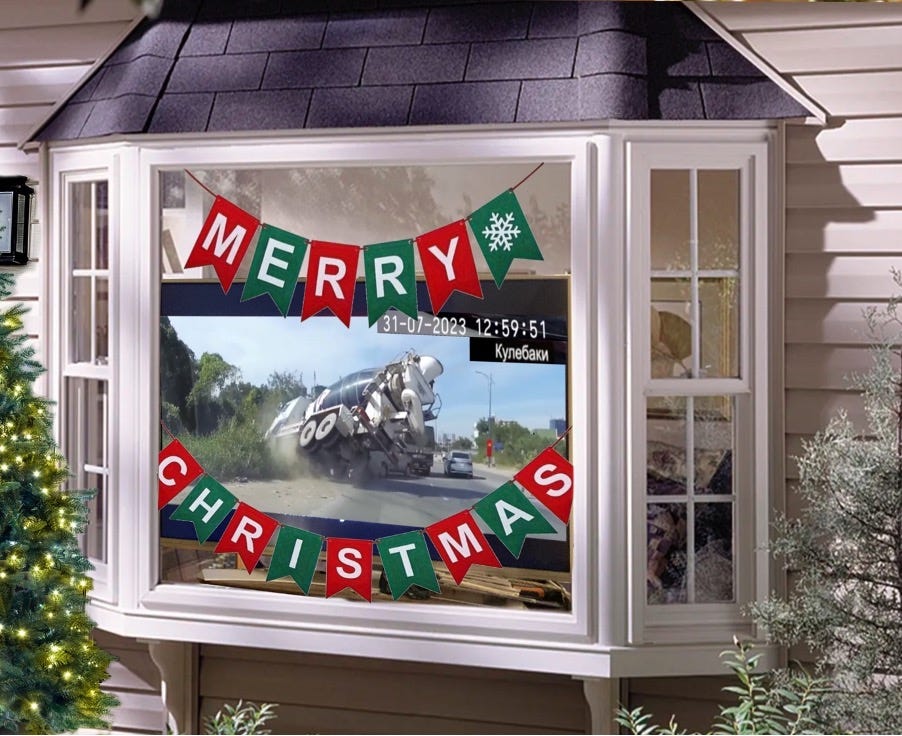 A not-entirely-expertly created image of a window with a TV showing a cement mixer tipping over, and a banner saying Merry Christmas. It's a bit shonky, but at least it's human shonky, not AI shonky. 