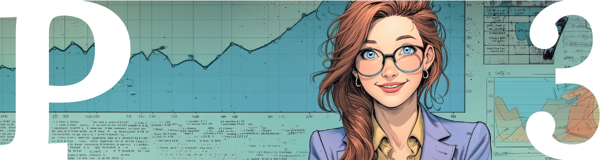 Smiling woman with glasses and long reddish-brown hair wearing a blazer, standing in front of charts and graphs on a digital background.