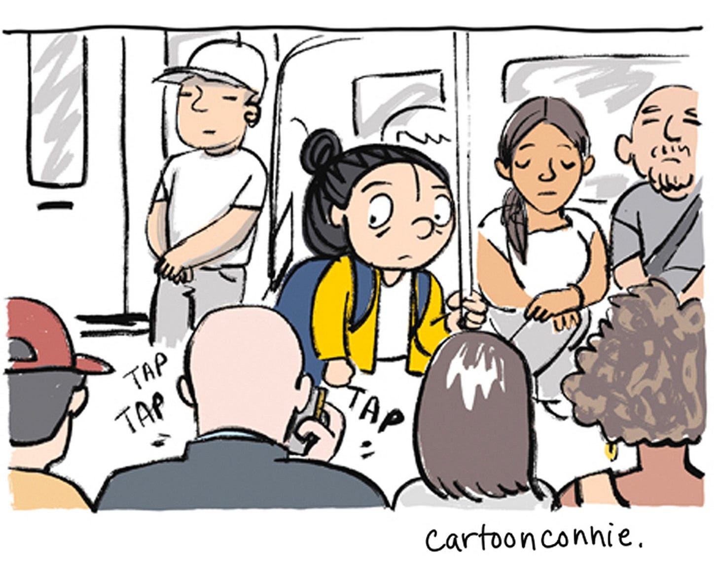 Preview of a comic strip illustrating a girl with a bun, riding the New York City subway and observing a man in a suit, intensely playing a game on his phone. Titled "A Very Serious Man," 2026, by Connie Sun, cartoonconnie. 