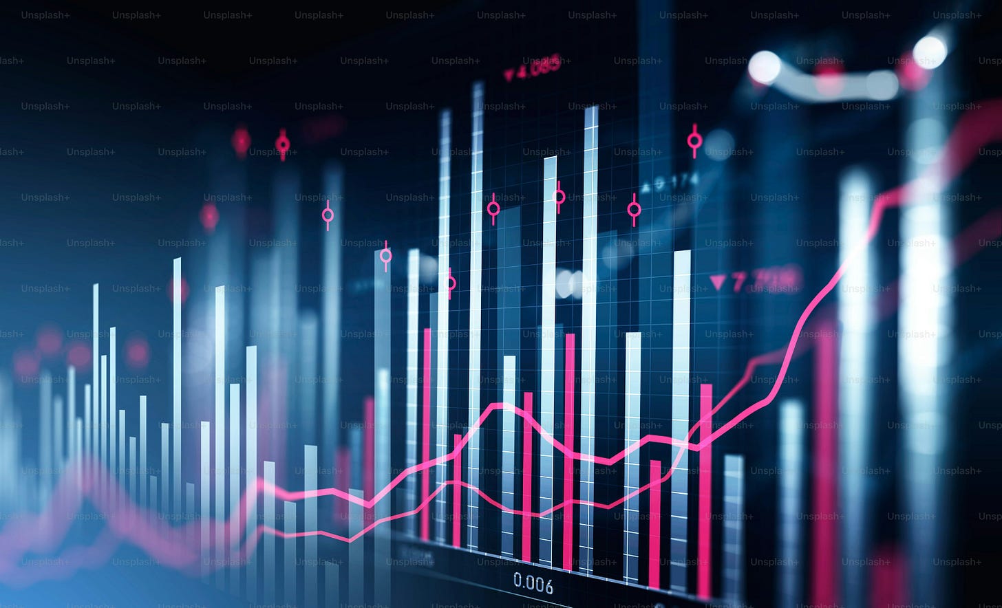 Financial chart and rising graph with lines and numbers and bar diagrams that illustrate stock market behaviour. Concept of successful trading. Dark blue background. 3d rendering