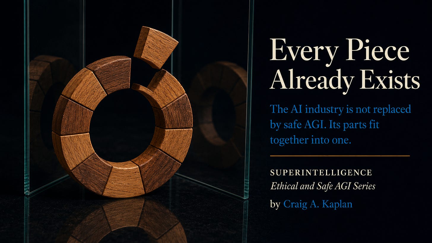 Editorial cover on a dark navy-black background. On the left, a ring made of separate wooden blocks stands upright, with one block lifted above an open gap as if about to drop into place. The ring sits on a dark reflective surface between two clear glass panes. On the right, the text reads: “Every Piece Already Exists.” Below: “The AI industry is not replaced by safe AGI. Its parts fit together into one.” Then: “SUPERINTELLIGENCE,” “Ethical and Safe AGI Series,” and “by Craig A. Kaplan.” Editorial cover on a dark navy-black background. On the left, a ring made of separate wooden blocks stands upright, with one block lifted above an open gap as if about to drop into place. The ring sits on a dark reflective surface between two clear glass panes. On the right, the text reads: “Every Piece Already Exists.” Below: “The AI industry is not replaced by safe AGI. Its parts fit together into one.” Then: “SUPERINTELLIGENCE,” “Ethical and Safe AGI Series,” and “by Craig A. Kaplan.”