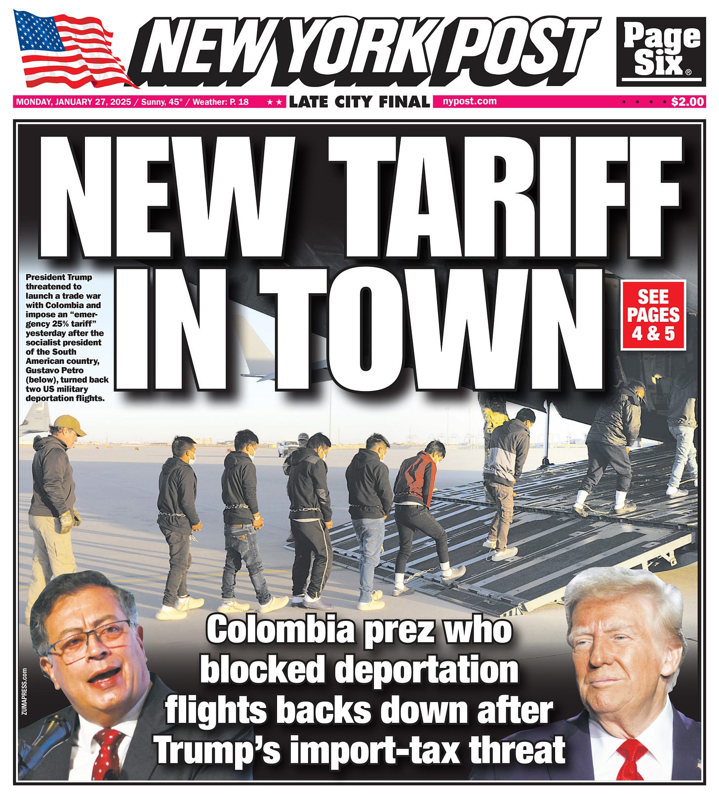 NY Post Cover for January 27, 2025 | New York Post | banner headline reads NEW TARIFF IN TOWN