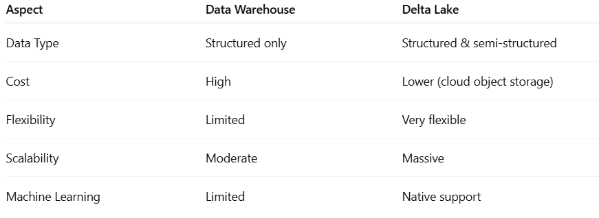 Table comparing Delta Lake vs Data Warehouse Table comparing Delta Lake vs Data Warehouse