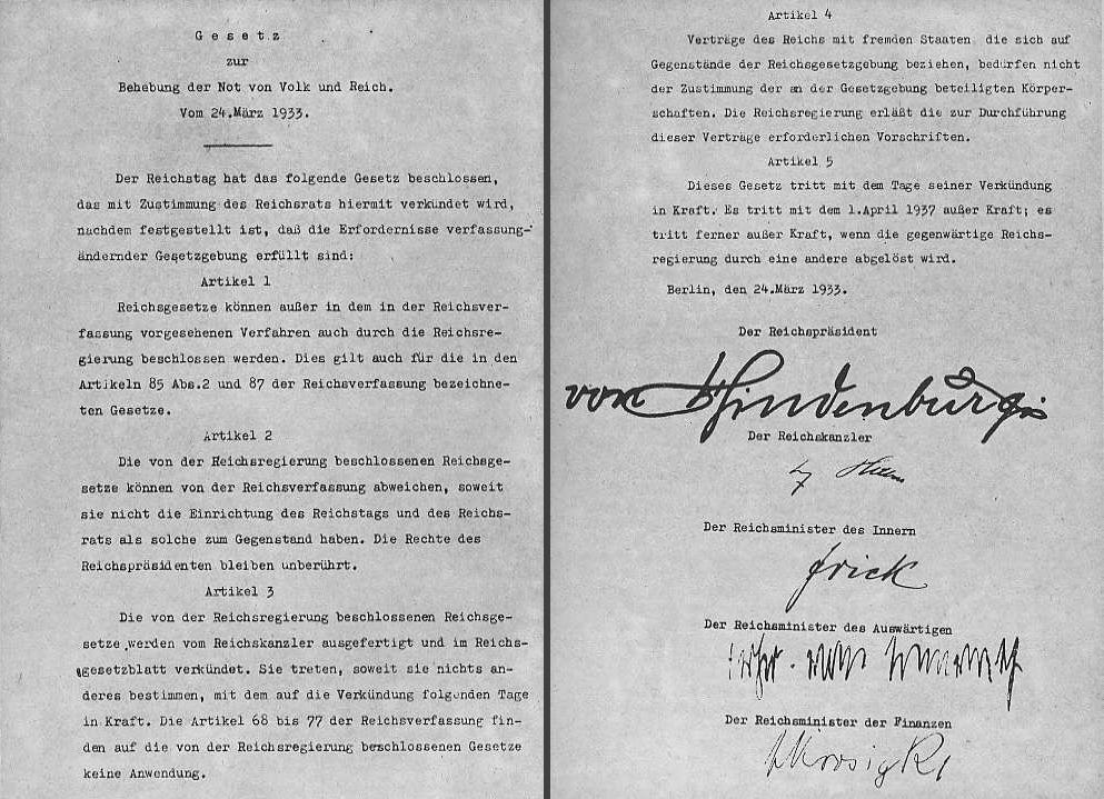 Hitler Archive | The Enabling Act (Ermächtigungsgesetz) document signed by  Hindenburg, Hitler, Frick, Neurath and Krosigk, giving the Cabinet the  power to enact laws without the involvement of the Reichstag or consult