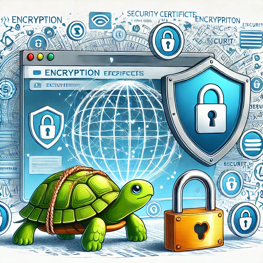 A detailed illustration of cybersecurity and encryption, with digital padlocks and security certificates floating around. A small turtle is seen holding a shield, protecting a website from cyber threats.