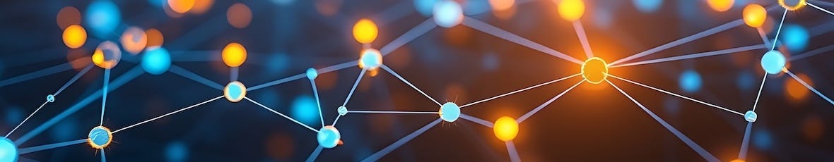 Visualization of a network graph showing interconnected nodes and links, with bright blue and orange lights suggesting data flow or connectivity.