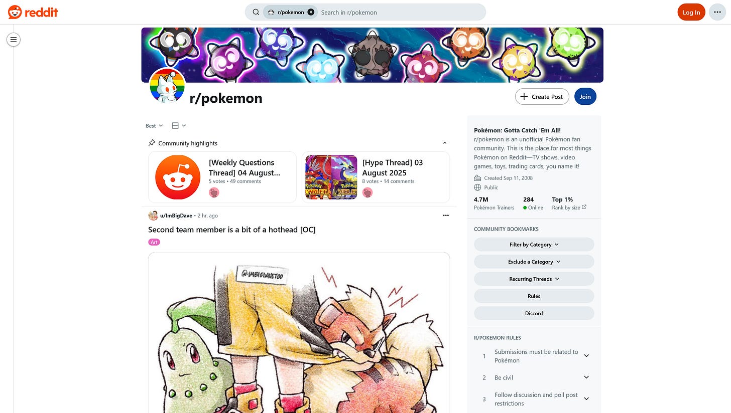 /r/pokemon in August 2025, with over four million subscribers on Reddit