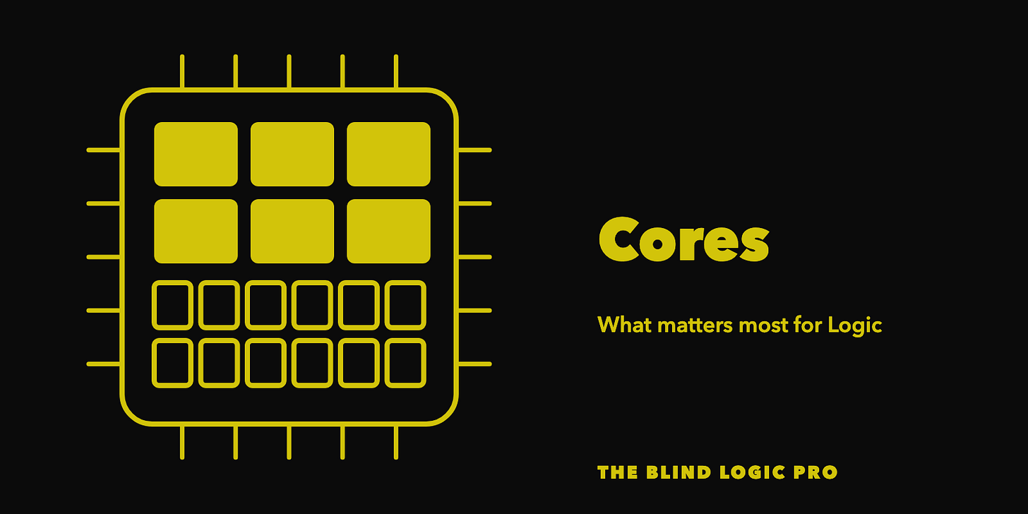 A chip containing 6 large solid blocks and 12 small outlined blocks, with the text Cores, What matters most for Logic. A chip containing 6 large solid blocks and 12 small outlined blocks, with the text Cores, What matters most for Logic.