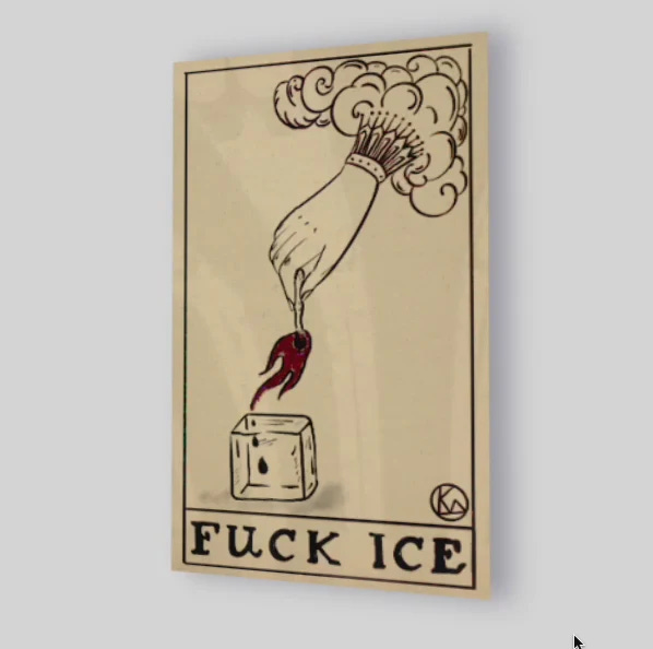 on the left is a sticker with a hand coming out of the clouds holding a lit match to a block of ice and the words FUCK ICE below. on the right is the Ace of Wands card from the Smith-Waite tarot.