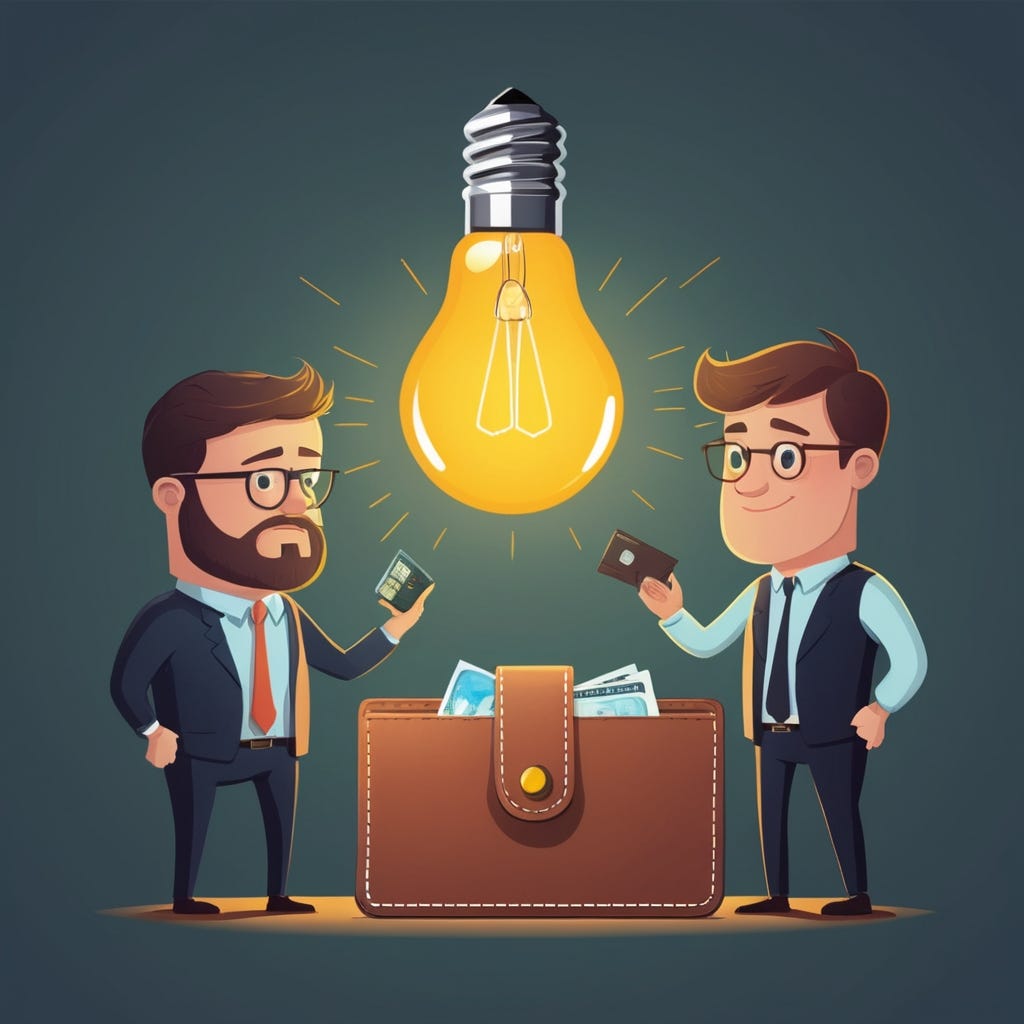 Depict someone with a lightbulb over their head as if they have had a great idea. They're looking into their empty wallet