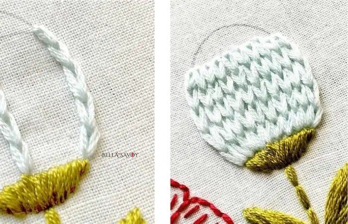 chain stitch in one row next to a filled space with the chain stitch