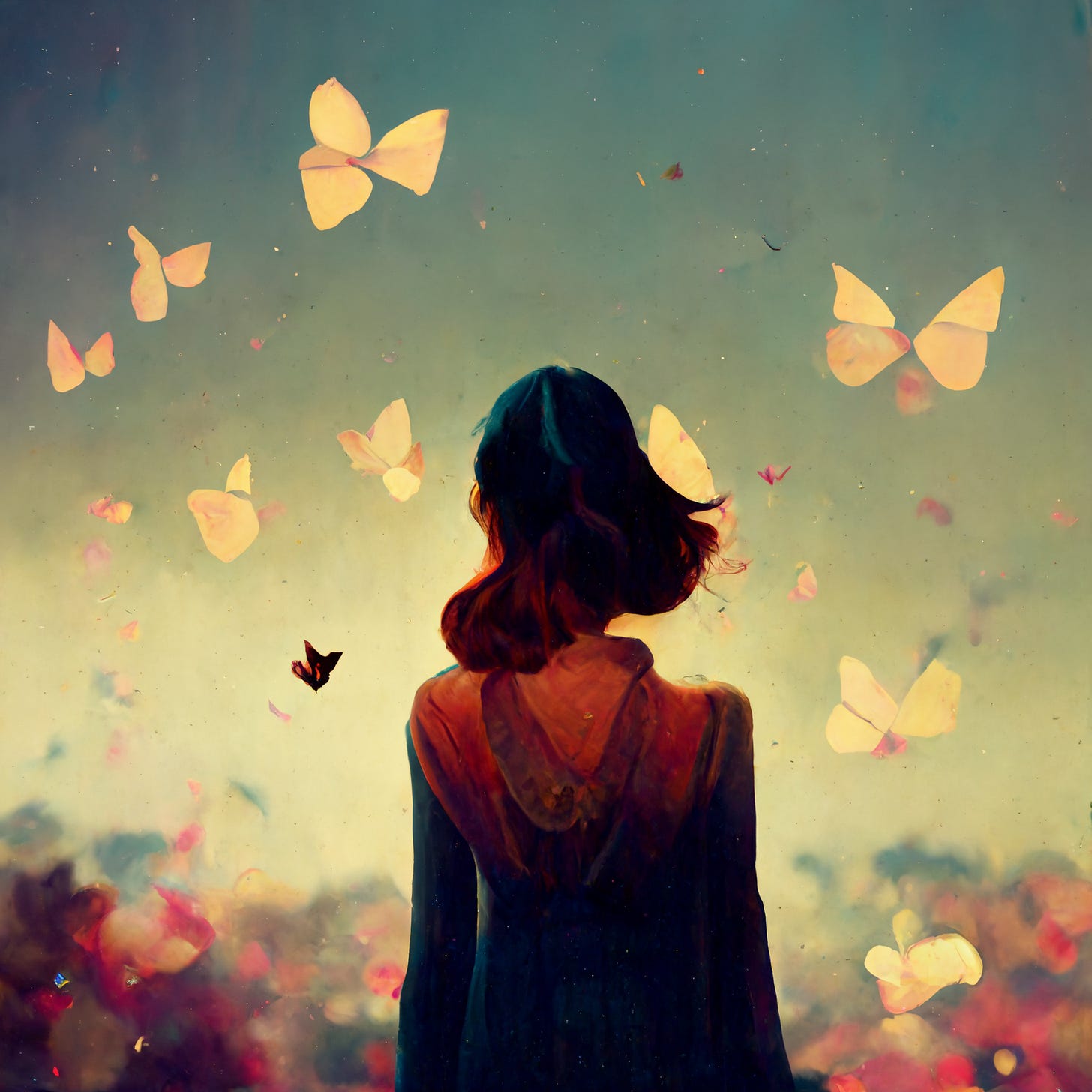 A painting of a girl standing amid a flurry of flowers and butterflies, looking away to the future
