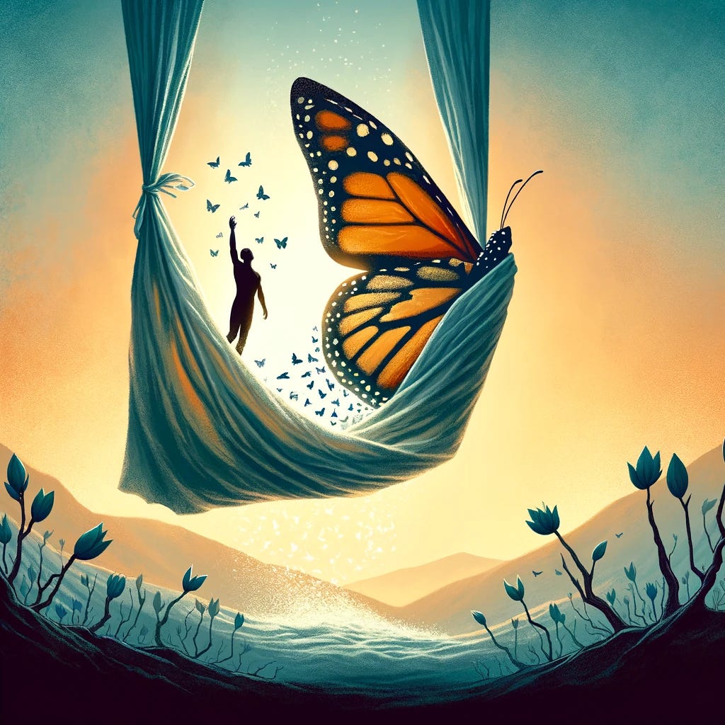 Design a compelling cover image for an article exploring the powerful messages within 'Atrévete A No Gustar'. The image should encapsulate the essence of liberating oneself from the need for external validation, embodying the journey towards self-acceptance and authenticity. Imagine a visual metaphor that conveys the act of shedding societal expectations to reveal one's true self, such as a butterfly emerging from a cocoon or a person stepping out into the light from shadows. The atmosphere should be one of hope, growth, and the boldness to be true to oneself, inspiring viewers to embrace their individuality and the courage to be disliked. Design a compelling cover image for an article exploring the powerful messages within 'Atrévete A No Gustar'. The image should encapsulate the essence of liberating oneself from the need for external validation, embodying the journey towards self-acceptance and authenticity. Imagine a visual metaphor that conveys the act of shedding societal expectations to reveal one's true self, such as a butterfly emerging from a cocoon or a person stepping out into the light from shadows. The atmosphere should be one of hope, growth, and the boldness to be true to oneself, inspiring viewers to embrace their individuality and the courage to be disliked.