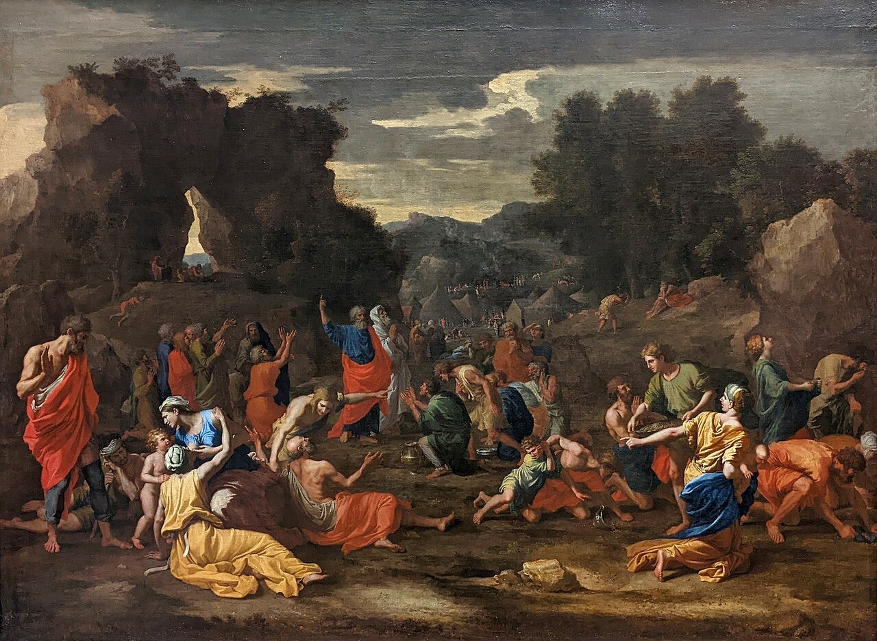 A crowd in a rocky valley, some kneeling to gather manna as pale flakes fall, with Moses standing in the middle A crowd in a rocky valley, some kneeling to gather manna as pale flakes fall, with Moses standing in the middle