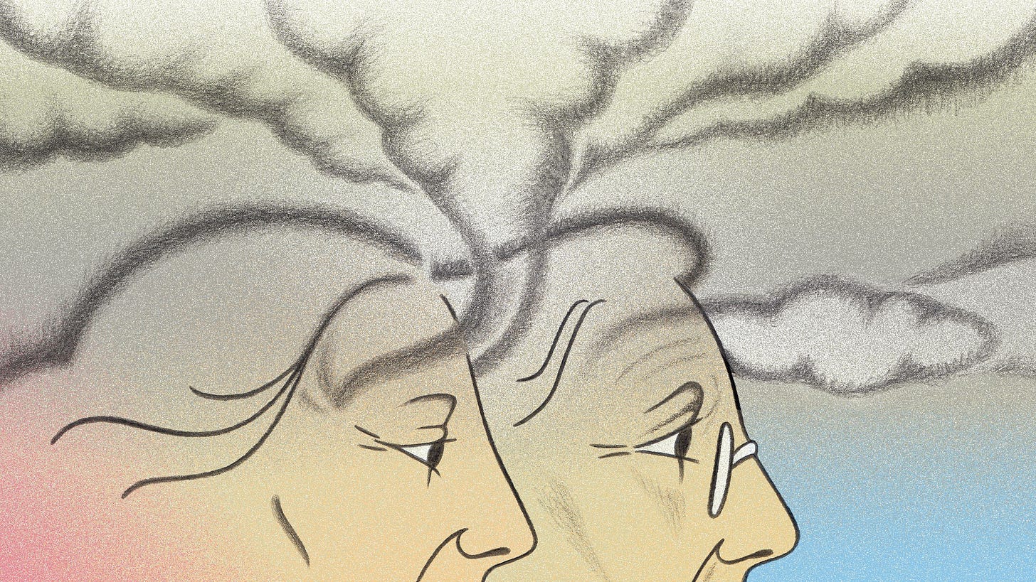 Woman and her mother with haze over their heads Woman and her mother with haze over their heads