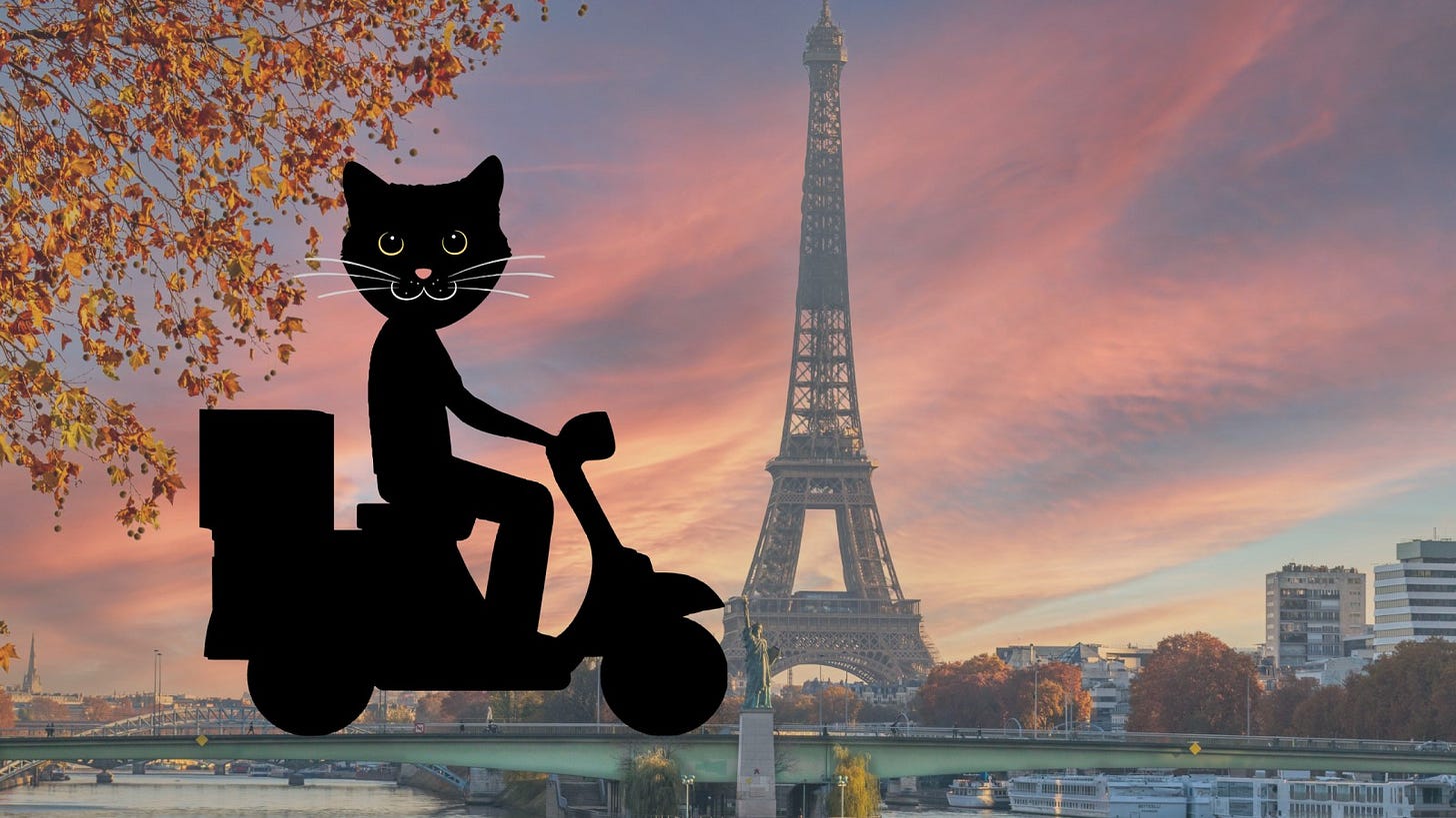 Image of cat riding a scooter in Paris