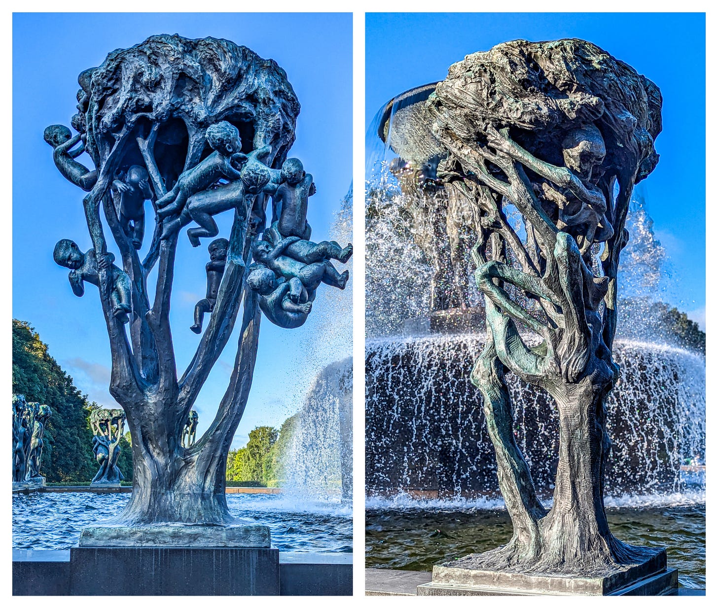 Tree on left filled with happy babies, tree on right has a skelton hanging in it. 