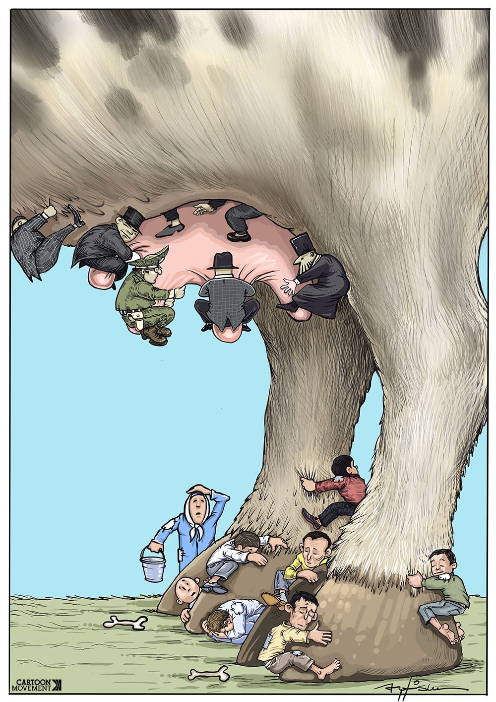 Cartoon zoomed in on the udder of a cow. Men in business suits are clinging to the udder, sucking out the milk, while down by the cow's hoofs, poor people are looking up dejectedly.