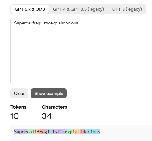 OpenAI Tokenizer with GPT-5.x tab selected, showing "Supercalifragilisticexpialidocious" split into 10 tokens across 34 characters, each token color-coded OpenAI Tokenizer with GPT-5.x tab selected, showing "Supercalifragilisticexpialidocious" split into 10 tokens across 34 characters, each token color-coded