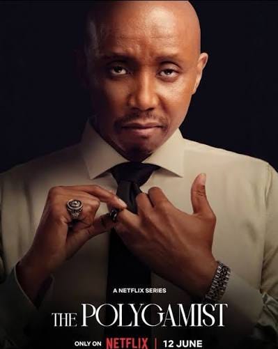 Promotional poster for *The Polygamist* showing a man in a white dress shirt and black tie adjusting his tie while looking directly at the camera. The background is dark, creating a dramatic portrait. Text at the bottom reads: “A Netflix Series – The Polygamist – Only on Netflix – 12 June. Promotional poster for *The Polygamist* showing a man in a white dress shirt and black tie adjusting his tie while looking directly at the camera. The background is dark, creating a dramatic portrait. Text at the bottom reads: “A Netflix Series – The Polygamist – Only on Netflix – 12 June.