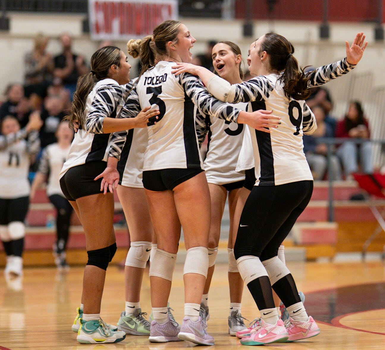 The Riverhawks celebrate after scoring a point during Toledo's win over Adna on Sept. 25. The Riverhawks celebrate after scoring a point during Toledo's win over Adna on Sept. 25.
