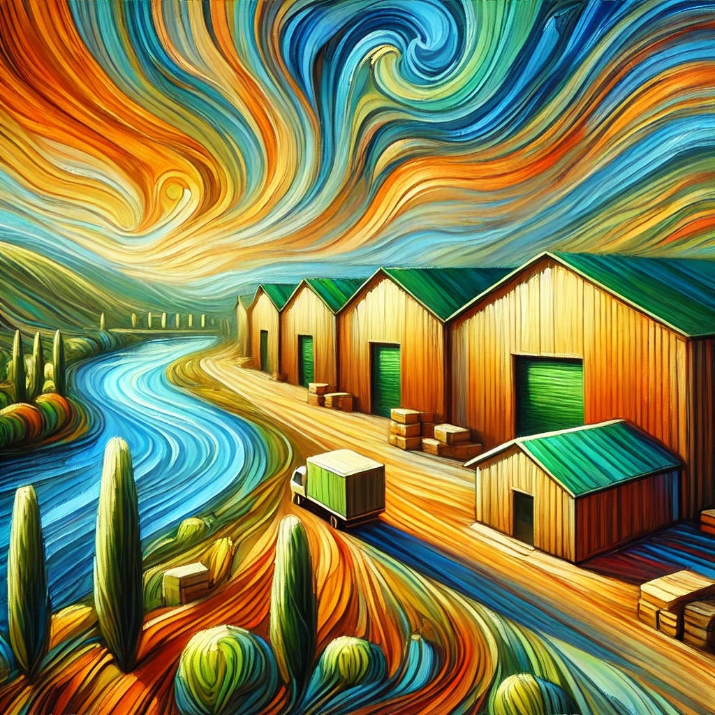 An abstract and colorful depiction of a warehousing facility with three small warehouses in the distance set in a serene landscape. The facility includes a small warehouse and office that blends harmoniously with the environment, surrounded by lush green hills and a calm blue lake. The buildings have green corrugated metal roofs and rammed earthen walls, all bathed in warm sunlight. The sky is vibrant with swirling patterns of oranges, yellows, and blues, giving a dreamlike quality to the setting. The overall style is impressionistic, with bold, swirling brushstrokes and vivid colors that create a surreal, yet peaceful atmosphere.