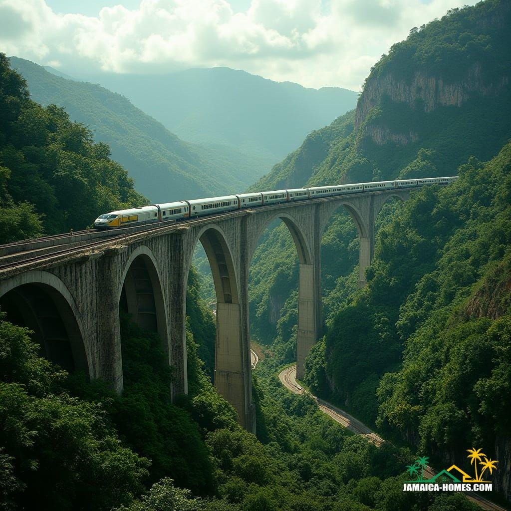A sleek, modern train system traversing Jamaica's varied terrains, depicted crossing the iconic Flat Bridge with its distinctive arches spanning the Rio Cobre River. The train then navigates a winding mountain road between Kingston and Ocho Rios, hugging the lush mountainside with steep cliffs. Aerial perspectives showcase the train cutting through dense tropical forests, with towering trees and vibrant foliage, highlighting its harmonious integration into the natural landscape. The scenes evoke progress and connectivity, blending Jamaica's rich natural beauty with modern infrastructure. Cinematic film still, shot on v-raptor XL, film grain, vignette, color graded, post-processed, cinematic lighting, 35mm film, live-action, best quality, atmospheric, masterpiece, epic, stunning, dramatic.
