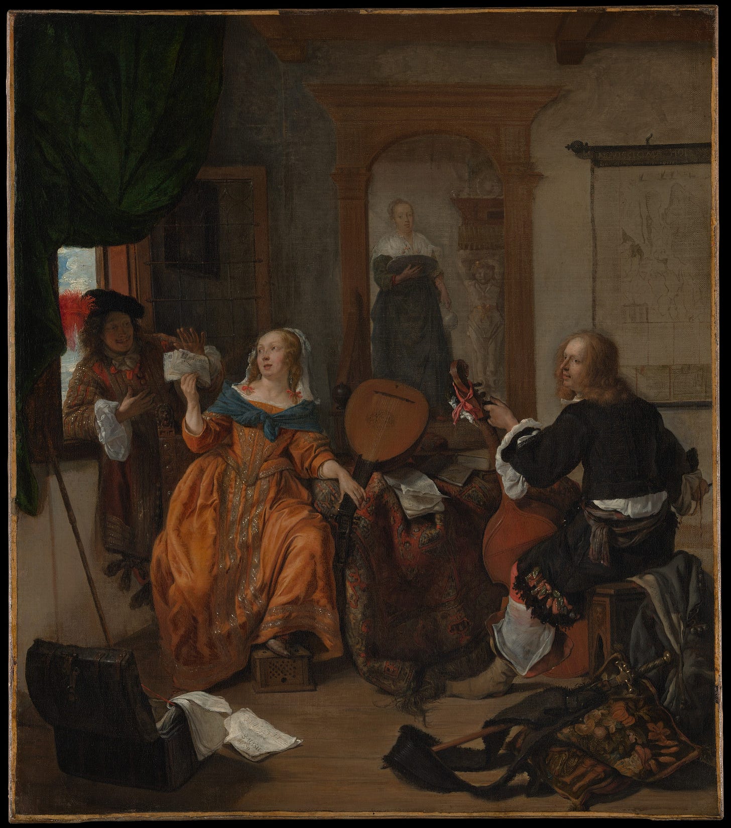 An oil painting from the 17th century showing two men and one woman in earth toned hued period specific garb in a room full of instruments getting ready to have a jam session.