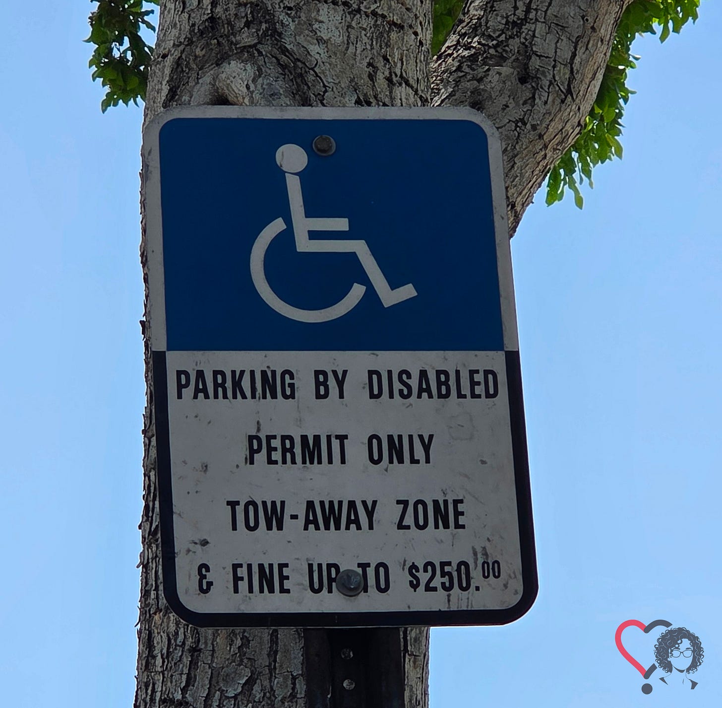 A photograph of a handicap parking sign. The universal symbol of a blue background with white occupied wheelchair is on the top half of the sign. On the bottom half, the words “Parking By Disabled Permit Only; Tow-Away Zone; & Fine up to $250.00.” The sign is pictured in front of a tree trunk, with blue sky behind. A photograph of a handicap parking sign. The universal symbol of a blue background with white occupied wheelchair is on the top half of the sign. On the bottom half, the words “Parking By Disabled Permit Only; Tow-Away Zone; & Fine up to $250.00.” The sign is pictured in front of a tree trunk, with blue sky behind.