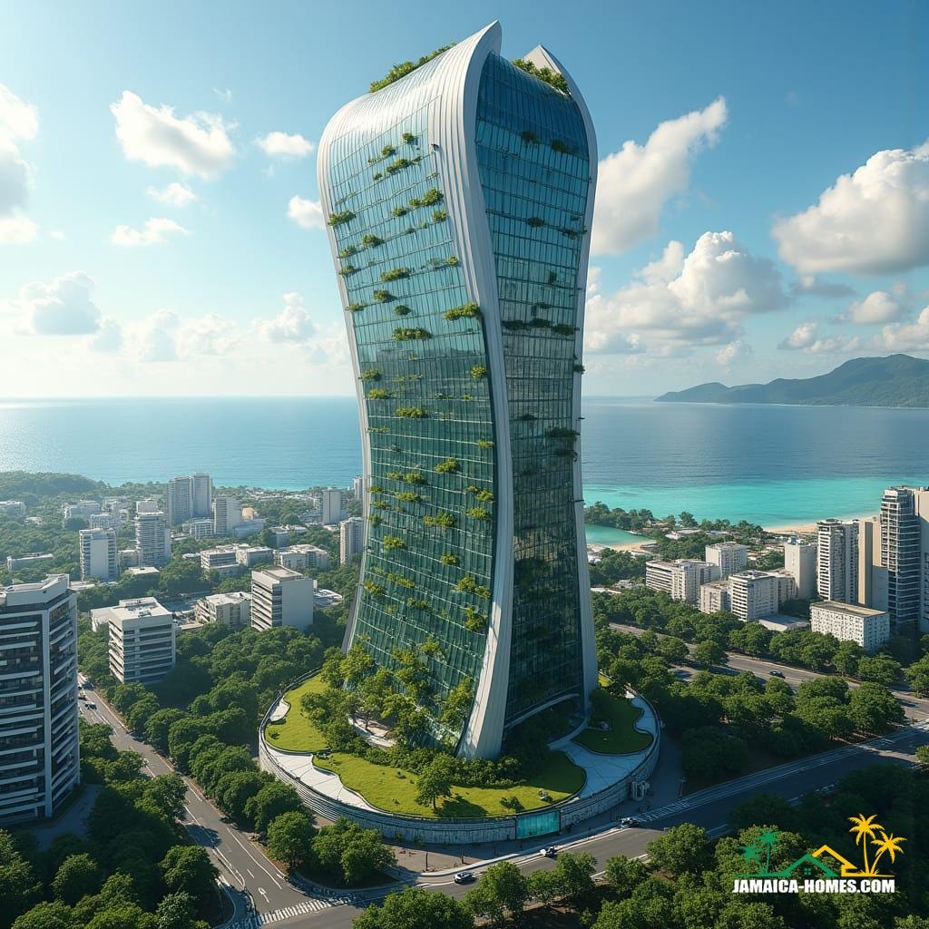 iconic skyscraper for downtown Kingston, Jamaica, that combines sleek, futuristic design with Jamaican cultural motifs.