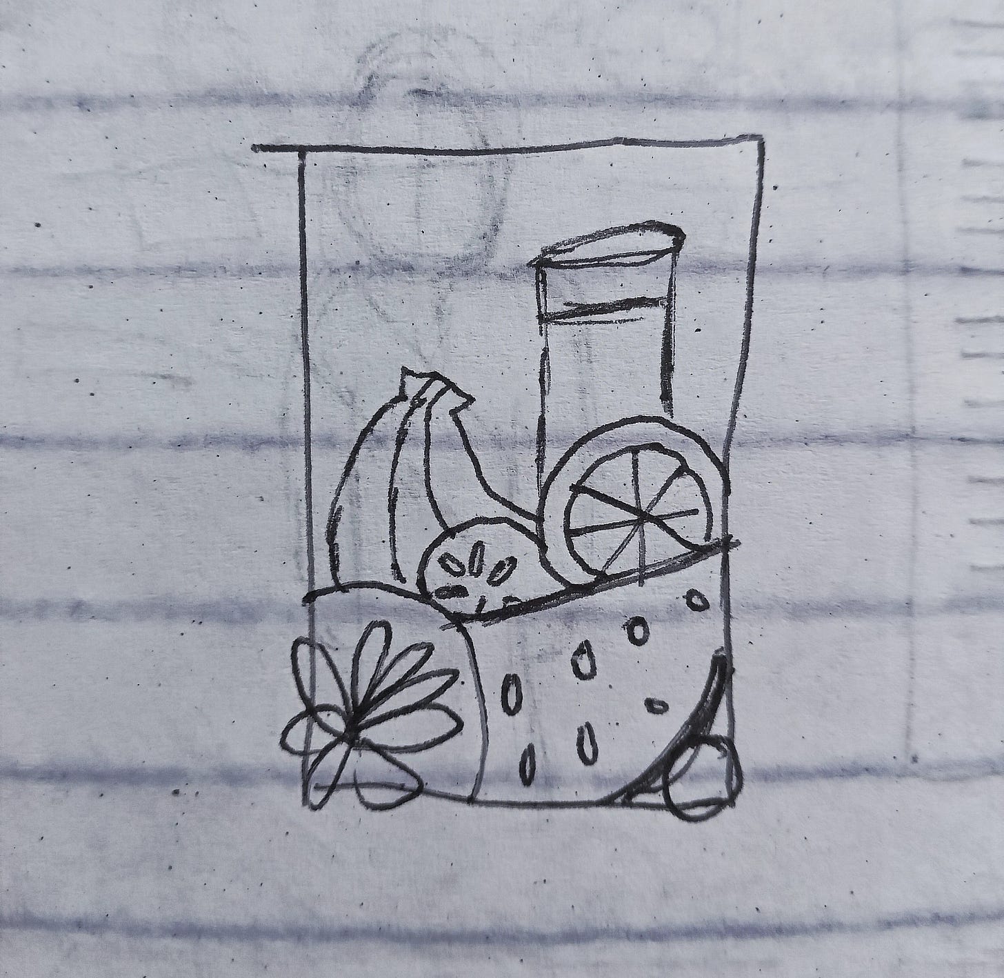 A simple hand-drawn sketch of a drink with fruit, including bananas, citrus slices, and what appears to be a smoothie.