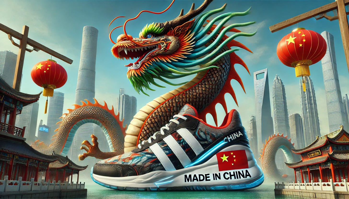 A wide aspect ratio, real-life-like image showing a massive Chinese dragon wearing 'Made in China' sports shoes and proudly sporting them. The dragon is depicted in a traditional style with vibrant scales, long whiskers, and a majestic presence. It is positioned in a dynamic stance, showing off its sleek, modern sports shoes. The shoes have 'Made in China' labels clearly visible. The background includes elements of a bustling Chinese cityscape with skyscrapers and traditional architecture. The overall scene is vibrant and dynamic, blending mythology with modernity.