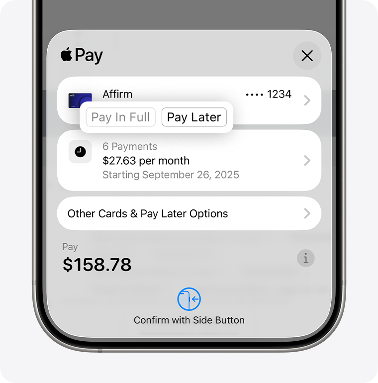 "Pay in Full" and "Pay Later" hints on the selected payment card. "Pay in Full" and "Pay Later" hints on the selected payment card.