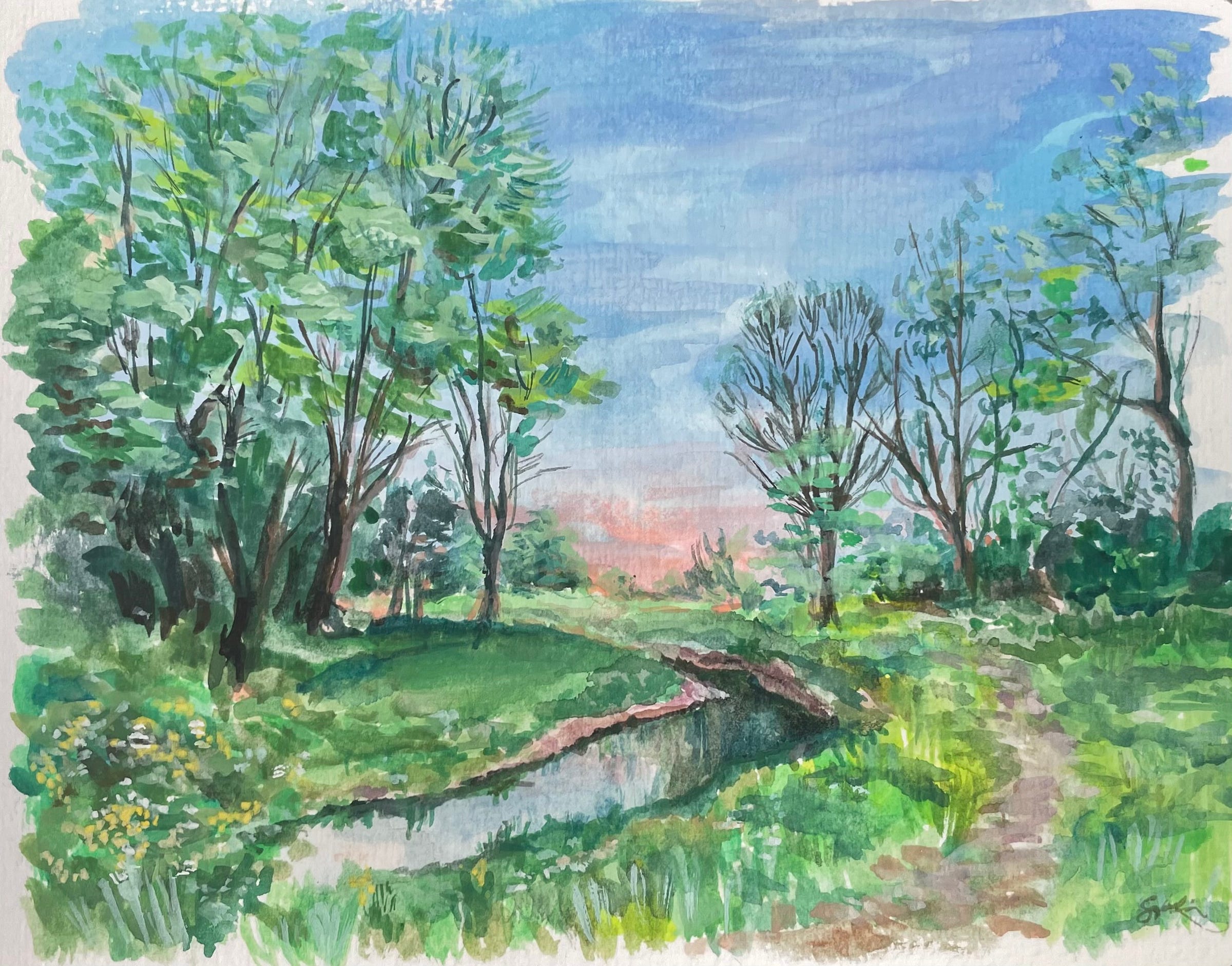  a gouache painting of verdant fields with a river meandering through the centre, with deciduous trees in the background and a tinge of bright salmon low in the periwinkle sky