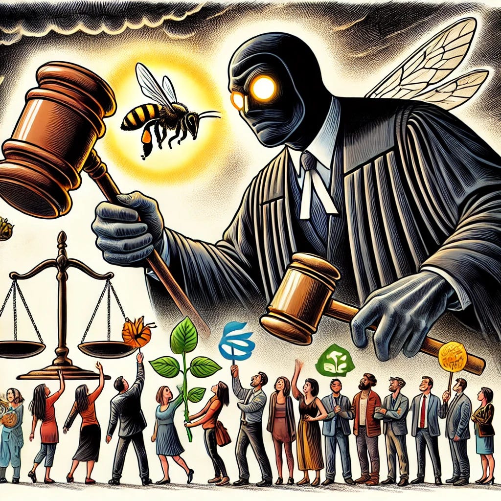 A symbolic illustration depicting strong-arm legal tactics attempting to subdue fair concerns. The image shows a large, shadowy figure wearing a suit (representing corporations or legal entities) wielding oversized, glowing gavels aimed at a small group of diverse individuals holding symbols of environmental and social justice (like a bee, a seed, and a balance scale). The individuals appear determined but are visibly overshadowed by the looming figure. The background is dramatic, with storm clouds symbolizing conflict, and the composition is reminiscent of a classic, hand-drawn political cartoon style, emphasizing the imbalance of power and resilience of the people.