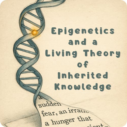 A hand-drawn DNA strand unfurls downward, transforming into typewritten words on aged paper. A glowing methyl group highlights one twist of the spiral. The typed phrases — like “a sudden fear” and “ancestral” — suggest the interplay of genetic expression and inherited memory. The image bridges science and story, visually echoing the essay’s theme of epigenetics as narrative inheritance.