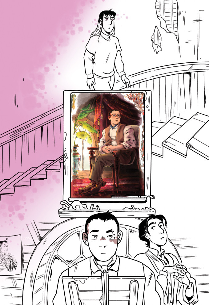 a comic page. The top image is of a young person climbing stairs. the middle image is a painting on an easel. the bottom image is two young men, one looking at the painting, which is of him, the other one talking behind him. 