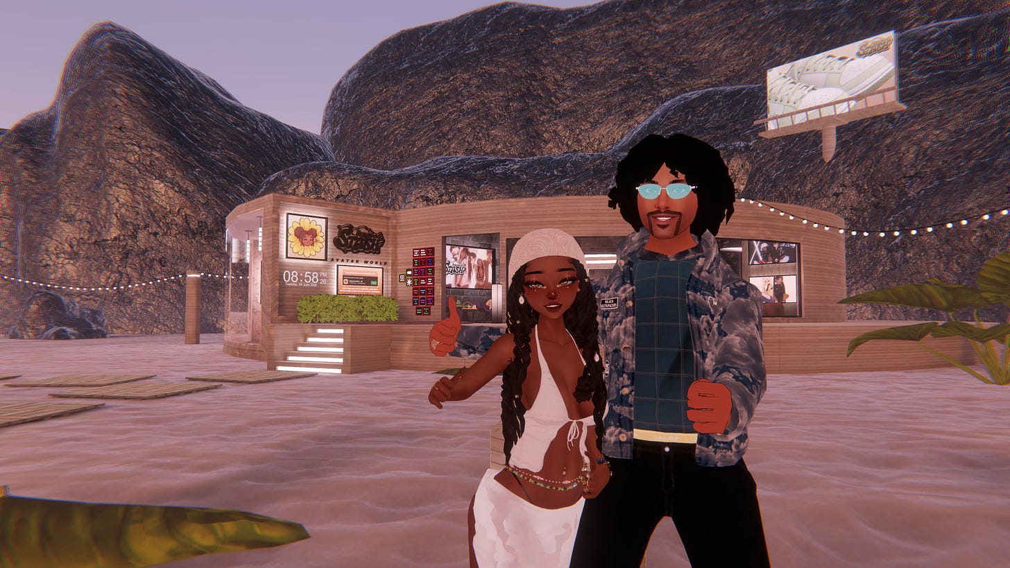 This is an image of Hayweee and ArmaniXR in front of her avatar showcase and homeworld.