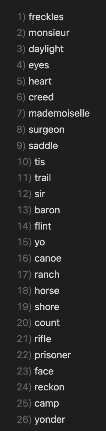 Screenshot of a list of keywords from the non-modernist text sample, a list that includes a lot of words from the Western genre.