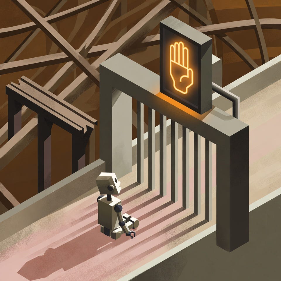 Editorial illustration in New Yorker style, conceptual, isometric perspective, muted earth tones, flat shading, geometric lighting, mid-century modern, minimalist, no text. A small geometric robot sitting patiently at a closed gate, looking up at a large glowing amber hand signal meaning stop. Behind the gate, a tangled web of paths and broken bridges. The robot is calm, not frustrated. Long dusty pink shadows. Architectural framing, faceless, no people.