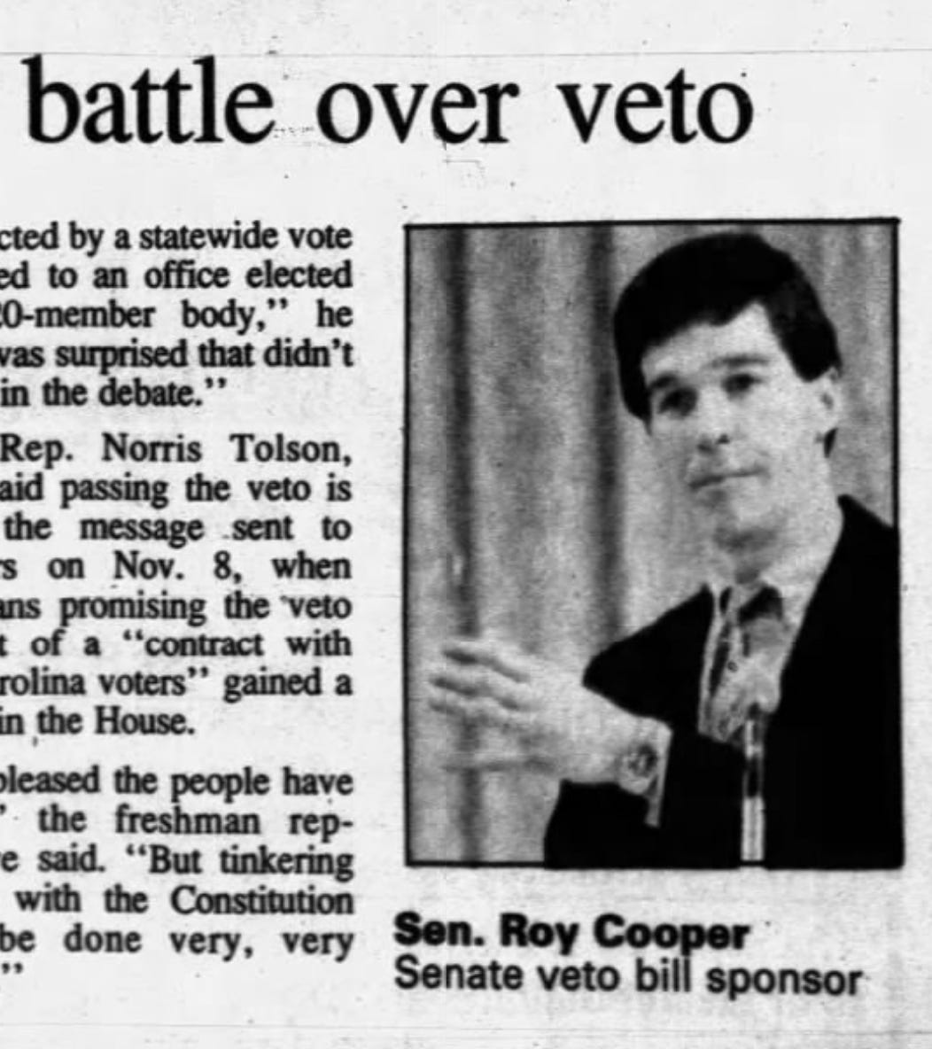 Roy Cooper in newspaper "Battle over Veto."