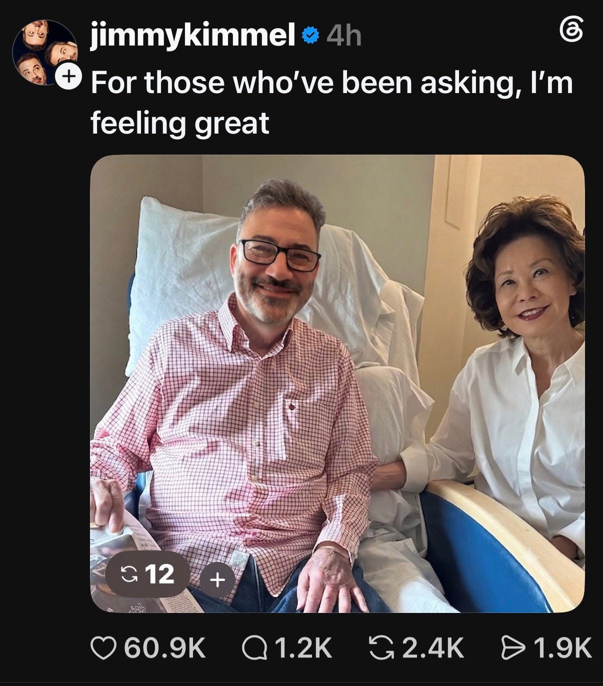 Image of Jimmy Kimmel mocking McConnell's AI "proof of life" photo release from Threads. Image of Jimmy Kimmel mocking McConnell's AI "proof of life" photo release from Threads.