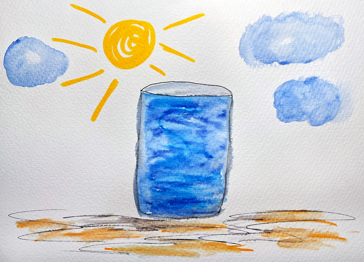 a sketch of a glass of blue water, a sun and some clouds a sketch of a glass of blue water, a sun and some clouds